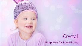  Presentation with baby celebration - Slide deck consisting of portrait of cute cheerful easter bunny little baby girl wearing pink rabbit ears isolated on blur background with text space happy spring holidays celebration background and a sky blue colored foreground