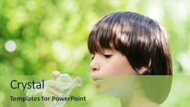  Presentation with making soap - Slide set with portrait of cute child making soap bubbles background and a yellow colored foreground