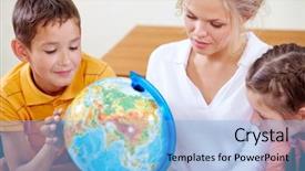  Presentation with geography - Cool new slide deck with portrait of cute classmates and teacher looking at globe at geography lesson backdrop and a light blue colored foreground