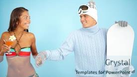  Presentation with snowboard - Beautiful presentation featuring portrait of cute girl in bikini holding cocktail and handsome man in pullover holding snowboard near backdrop and a light blue colored foreground