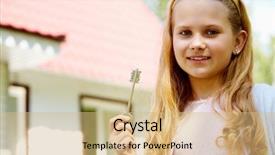  Presentation with house key - Slides featuring portrait of cute girl with key from new house looking at camera and smiling background and a coral colored foreground