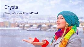  Presentation with prague - Presentation theme having portrait of cute happy woman enjoy snowfall in beautiful prague city catches snowflakes by hands with pleasure enjoying winter holidays background and a sky blue colored foreground