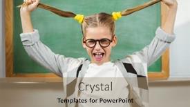  Presentation with pupil - Colorful presentation design enhanced with portrait of cute pupil pulling her hair in a classroom in school backdrop and a coral colored foreground