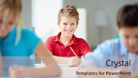  Presentation with camera - Colorful presentation theme enhanced with portrait of cute schoolboy looking backdrop and a soft green colored foreground