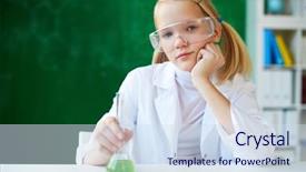  Presentation with chemical - PPT theme enhanced with portrait of cute schoolgirl sitting at workplace with chemical liquid in front background and a sky blue colored foreground