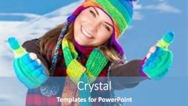  Presentation with colorful hands - Slide deck enhanced with portrait of cute smiling girl gesturing by hands good mood wearing stylish colorful outfit spending active winter holidays in the snowy mountains background and a teal colored foreground