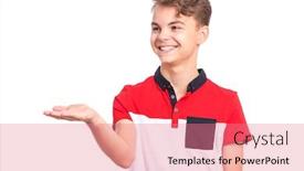  Presentation with child teen - Slide deck having portrait of cute smiling teen boy holding copy space on his palm happy teenager lookind away isolated over white background child holds and show something on palm background and a coral colored foreground