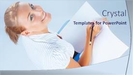  Presentation with test exam student - Audience pleasing theme consisting of portrait of cute student girl passing exam isolated on blue background looking up writing test back to school education concept backdrop and a sky blue colored foreground