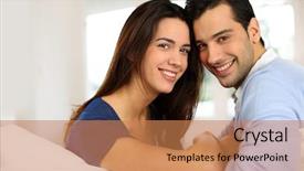  Presentation with cute - PPT layouts consisting of young couple sitting in sofa background and a coral colored foreground