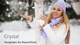  Presentation with snowball - Beautiful presentation design featuring portrait of cute young woman playing snowball outdoor in winter backdrop and a white colored foreground