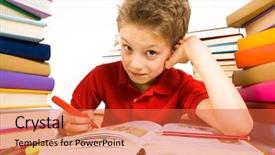  Presentation with literature - Presentation theme having portrait of cute youngster sitting among stacks of literature and making notes in textbook with red highlighter background and a red colored foreground