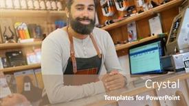  Presentation with repair shop - Slide set consisting of portrait of cycle repair shop owner standing at front desk background and a coral colored foreground