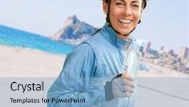  Presentation with cyclist - Colorful PPT layouts enhanced with portrait of cyclist middle aged woman holding a water bottle in the beach backdrop and a light blue colored foreground