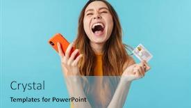  Presentation with credit card - Slides consisting of portrait-of-delighted-joyous-caucasian background and a light blue colored foreground