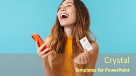  Presentation with credit card - Colorful slides enhanced with portrait-of-delighted-joyous-caucasian backdrop and a red colored foreground