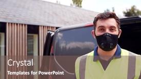  Presentation with delivery van - Presentation theme featuring portrait-of-delivery-driver-wearing background and a violet colored foreground