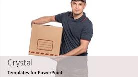  Presentation with courier delivery - PPT theme having portrait-of-delivery-man background and a light gray colored foreground