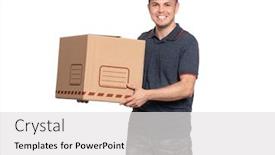  Presentation with courier delivery - PPT layouts consisting of portrait-of-delivery-man background and a light gray colored foreground