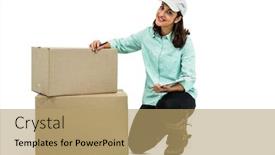  Presentation with kneeling - Colorful presentation theme enhanced with portrait of delivery woman with clipboard kneeling by box against white background backdrop and a coral colored foreground