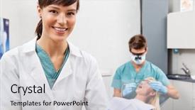  Presentation with dental assistant - Audience pleasing theme consisting of portrait of dental assistant smiling backdrop and a light gray colored foreground