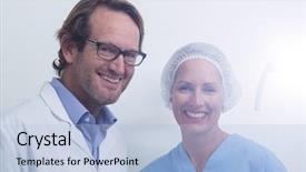  Presentation with surgical dental - Slide deck with portrait of dentist and dental assistant wearing surgical mask at the dental clinic background and a light blue colored foreground