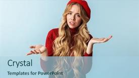  Presentation with blue and purple and red - Slide set having portrait of discontent blond woman background and a light blue colored foreground