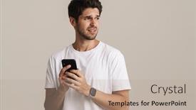  Presentation with phone - Presentation theme consisting of portrait-of-displeased-handsome-man background and a coral colored foreground