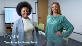  Presentation with office room - Cool new PPT theme with portrait-of-diverse-female-business backdrop and a ocean colored foreground