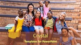  Presentation with elementary school - Presentation theme having portrait-of-diverse-female-teacher background and a tawny brown colored foreground