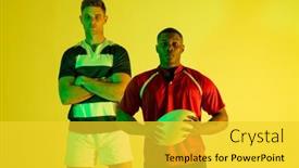  Presentation with rugby players - Theme having portrait-of-diverse-male-rugby background and a yellow colored foreground