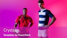  Presentation with rugby players - Slide deck having portrait-of-diverse-male-rugby background and a purple colored foreground