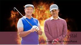  Presentation with retirement golf - Presentation design consisting of portrait-of-diverse-senior-male background and a violet colored foreground