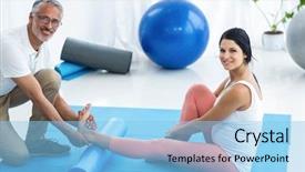  Presentation with exercise doctor - Beautiful slide set featuring portrait of doctor examining and giving physiotherapy to pregnant woman on exercise ball backdrop and a light blue colored foreground