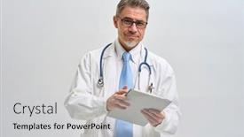  Presentation with physician - Presentation theme enhanced with portrait-of-doctor-general-practitioner background and a  colored foreground