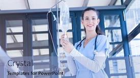  Presentation with intravenous - Slide set with portrait of doctor holding intravenous drip in hospital background and a light blue colored foreground