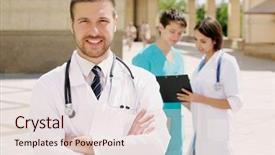  Presentation with nurses - Slide set consisting of portrait of doctor with two attractive nurses in the background background and a lemonade colored foreground