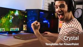  Presentation with video game - Slides enhanced with portrait of ecstatic gamer guy background and a tawny brown colored foreground