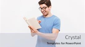  Presentation with book glasses - PPT theme having portrait of educated man in blue shirt wearing glasses smiling while reading interesting book isolated over white background background and a lemonade colored foreground
