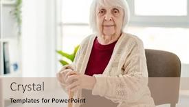  Presentation with cane - PPT theme having portrait-of-elderly-woman background and a coral colored foreground