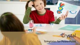  Presentation with elementary - Audience pleasing presentation theme consisting of portrait of elementary age schoolgirl showing colorful paining to classmate in art class in primary school classroom backdrop and a yellow colored foreground