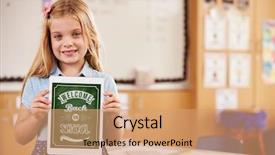  Presentation with elementary - Audience pleasing slide set consisting of portrait of elementary school girl holding a smart tablet backdrop and a coral colored foreground