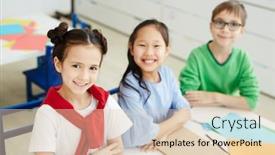  Presentation with school-kids - Slide deck with portrait of elementary school kids sitting at desk with colored paper and smiling at camera cheerfully background and a lemonade colored foreground