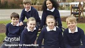  Presentation with elementary school sample monitoring tool - Slide deck having portrait of elementary school pupils background and a tawny brown colored foreground