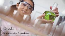  Presentation with green science - Slides having portrait of elementary student holding green chemical in glass beaker at science laboratory background and a coral colored foreground