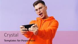  Presentation with mobile games - PPT theme enhanced with portrait-of-emotional-concentrated-screaming background and a red colored foreground