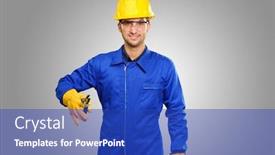  Presentation with grey - Slide deck with portrait-of-engineer-holding-plier background and a cobalt blue colored foreground