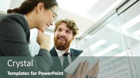  Presentation with digital project - Presentation design consisting of portrait of enthusiastic bearded businessman showing data at digital tablet to colleague discussing project in office background and a ocean colored foreground