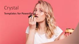  Presentation with donuts pink - Slide deck consisting of portrait of european blond woman 20s wearing casual t-shirt holding and eating tasty sweet donuts isolated over pink background background and a coral colored foreground