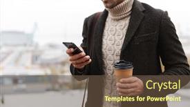  Presentation with takeaway coffee - Audience pleasing slide set consisting of portrait of european man 30s wearing jacket using mobile phone and holding takeaway coffee while walking through city street backdrop and a tawny brown colored foreground