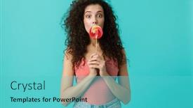  Presentation with lollipop - Colorful slides enhanced with portrait of european woman 20s wearing casual clothing eating lollipop isolated over blue background backdrop and a teal colored foreground